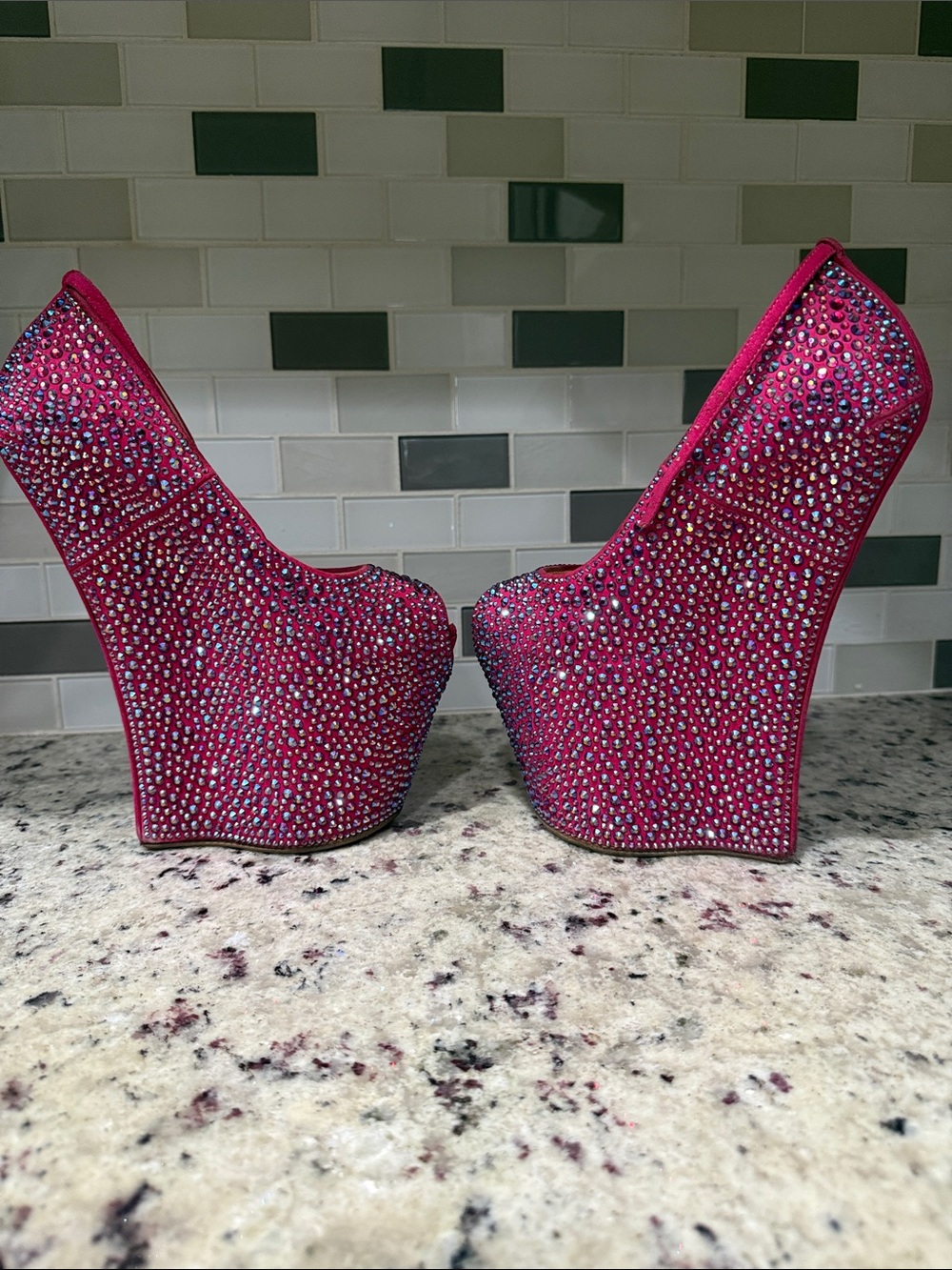 Giuseppe Zanotti Hot Pink Crystal Platform Wedge Peep-Toe Heels